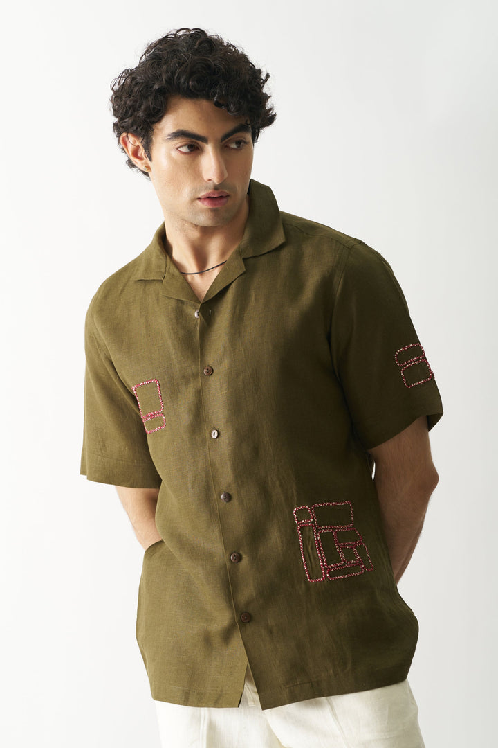 Mossy Mosaic - Hand Embroidered Unisex Pure Linen Shirt
