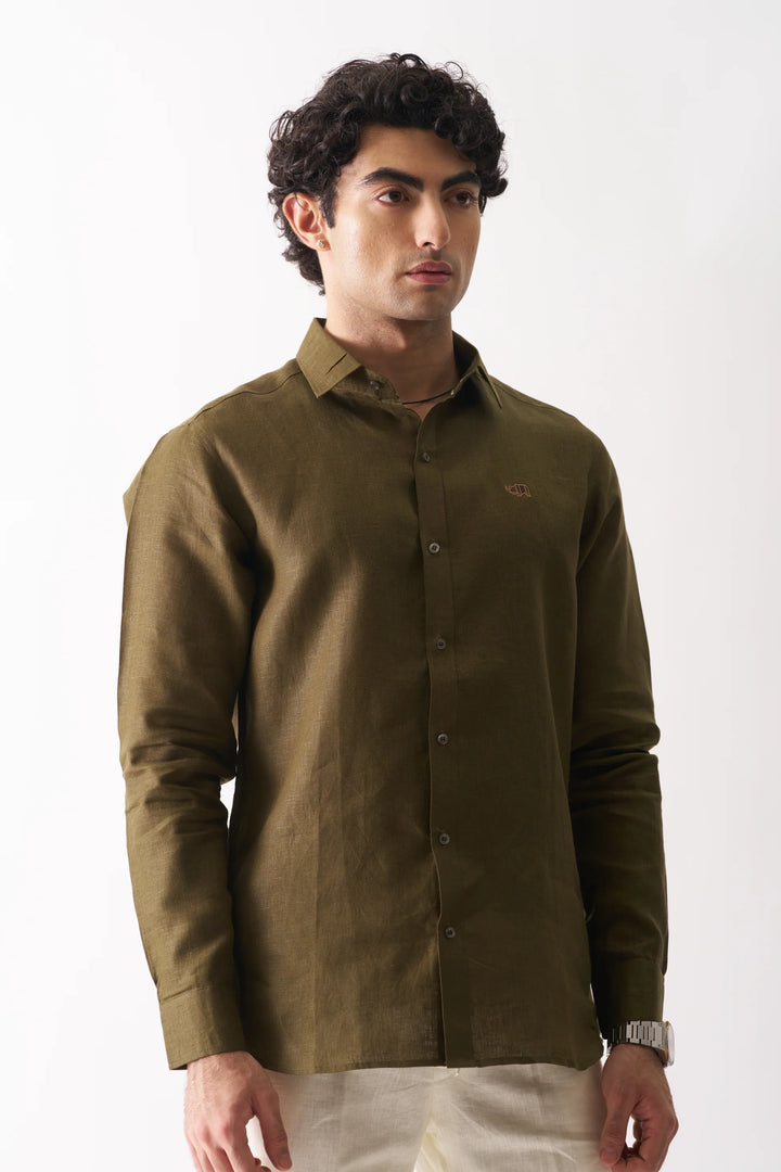 Olive Green - Rozzana Full Sleeve Pure Linen Shirt