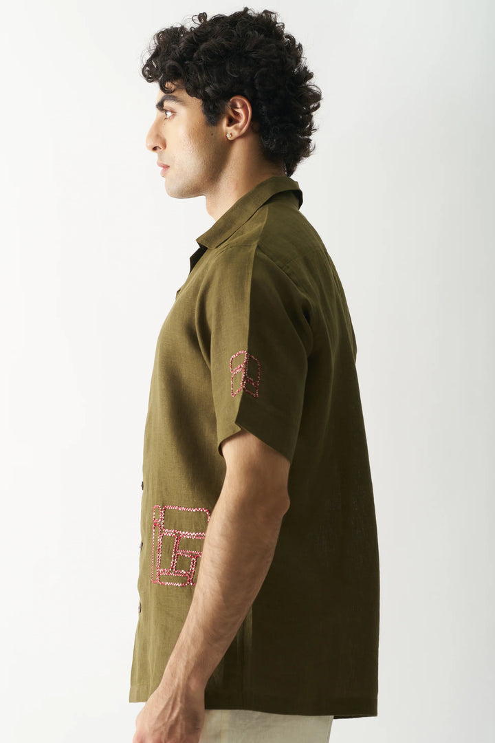 Mossy Mosaic - Hand Embroidered Unisex Pure Linen Shirt