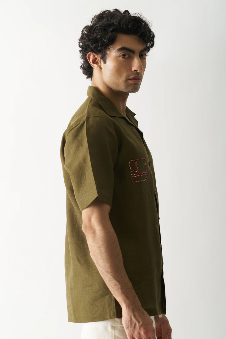 Mossy Mosaic - Hand Embroidered Unisex Pure Linen Shirt