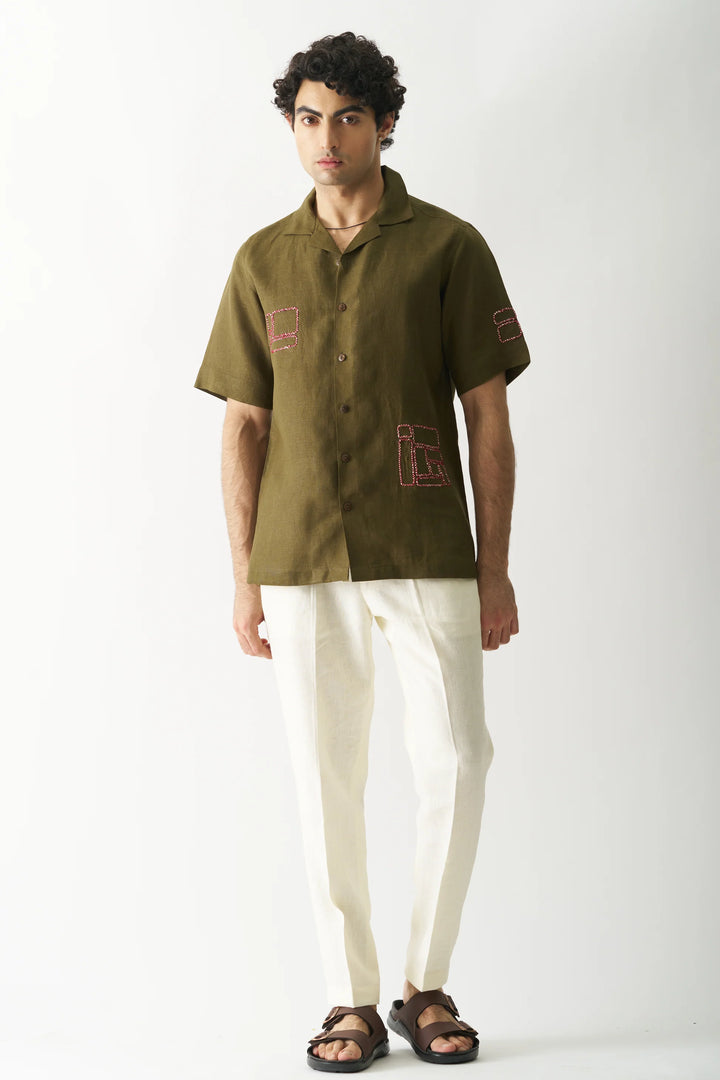 Mossy Mosaic - Hand Embroidered Unisex Pure Linen Shirt