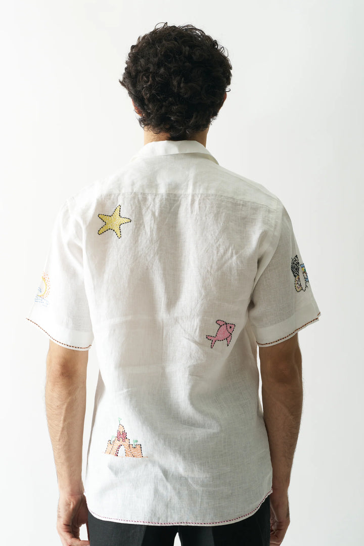 Beach Bliss - Premium Hand Embroidered Unisex Pure Linen Shirt