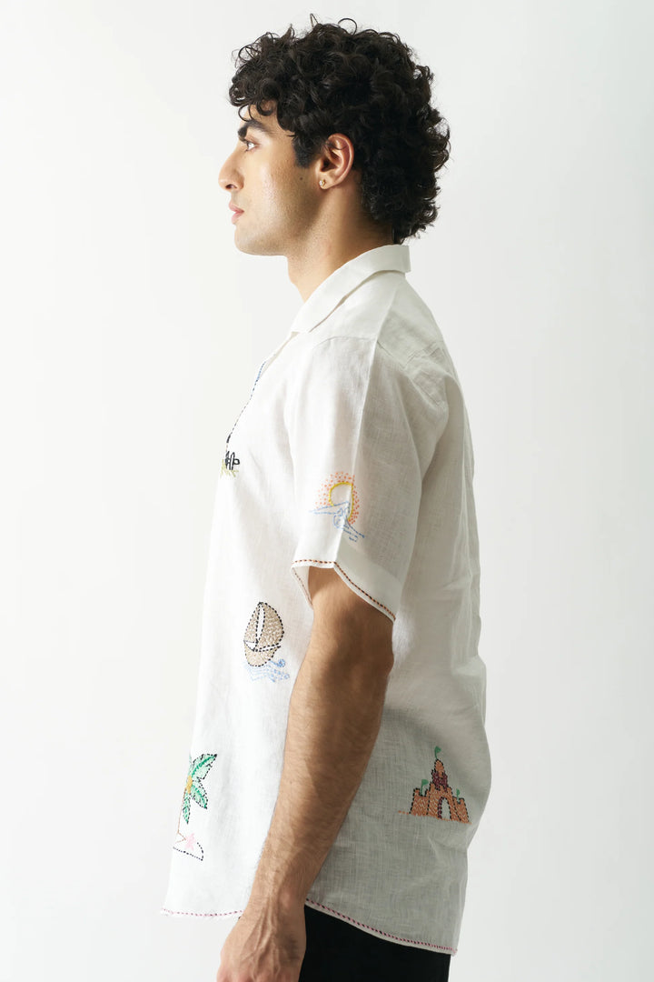 Beach Bliss - Premium Hand Embroidered Unisex Pure Linen Shirt