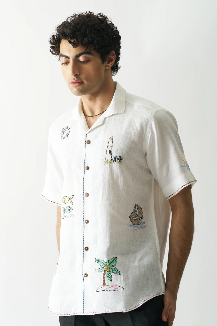 Beach Bliss - Premium Hand Embroidered Unisex Pure Linen Shirt
