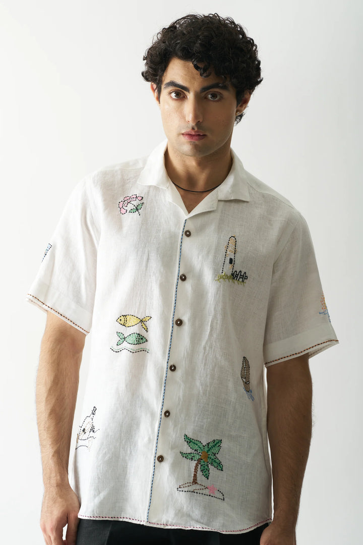 Beach Bliss - Premium Hand Embroidered Unisex Pure Linen Shirt