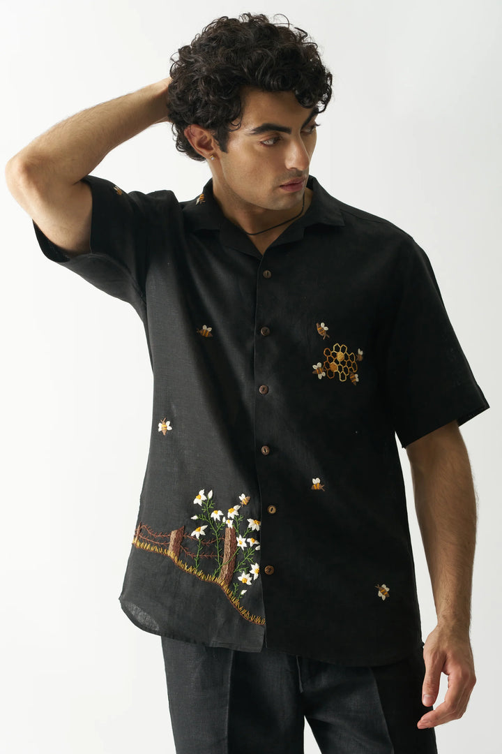 Buzzing Bees - Hand Embroidered Unisex Pure Linen Shirt