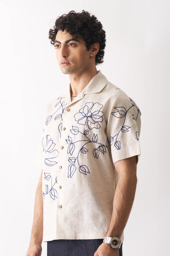 Floral Serenade - Hand Embroidered Unisex Pure Linen Shirt