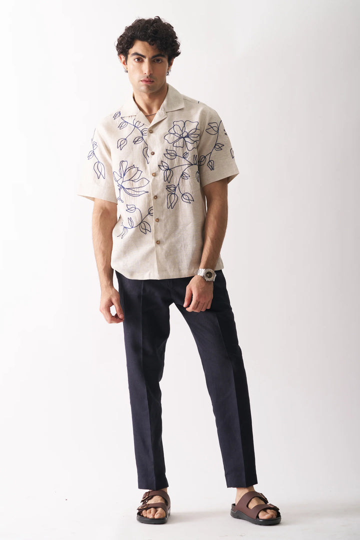 Floral Serenade - Hand Embroidered Unisex Pure Linen Shirt