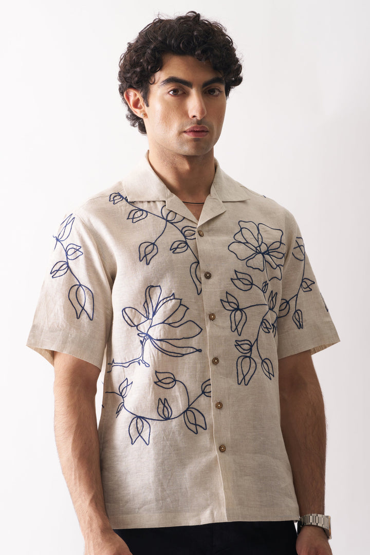 Floral Serenade - Hand Embroidered Unisex Pure Linen Shirt