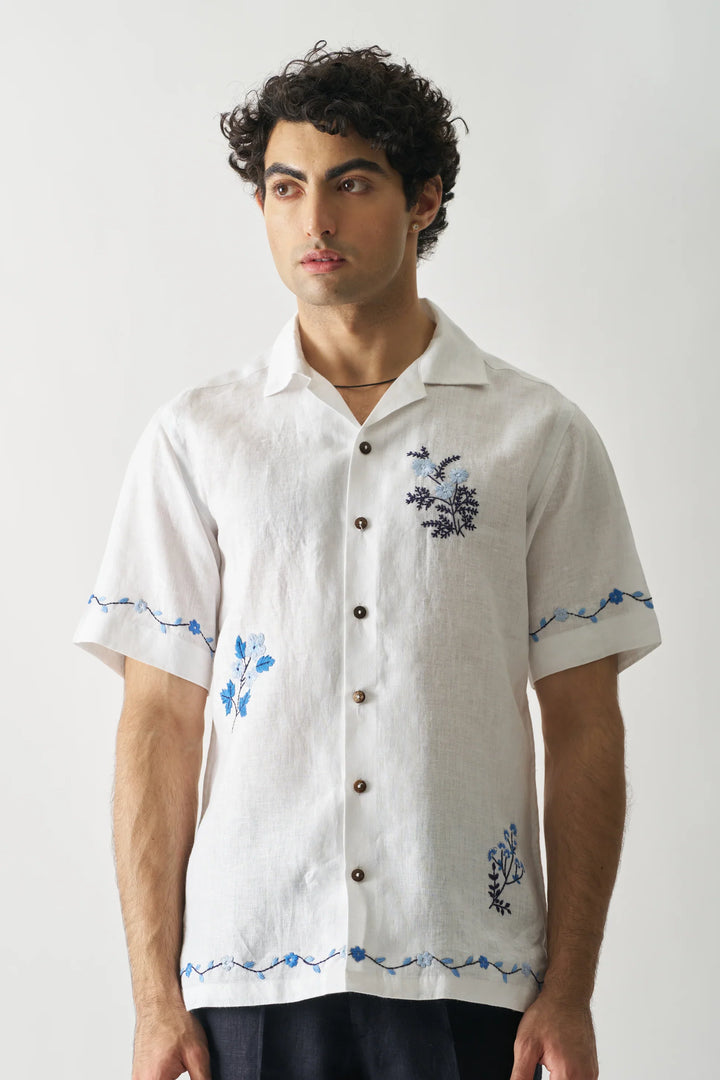 Blossom Cascade - Pure Linen Hand Embroidery Shirt for Men