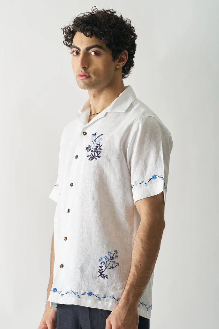 Blossom Cascade - Pure Linen Hand Embroidery Shirt for Men