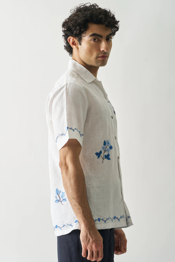 Blossom Cascade - Pure Linen Hand Embroidery Shirt for Men