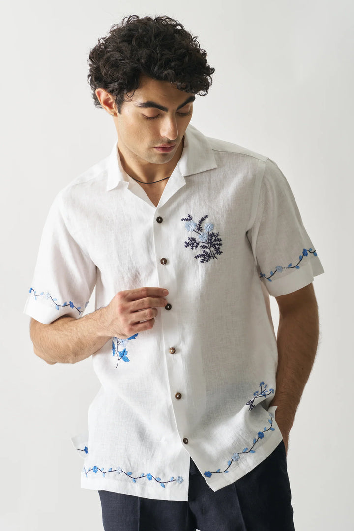 Blossom Cascade - Pure Linen Hand Embroidery Shirt for Men