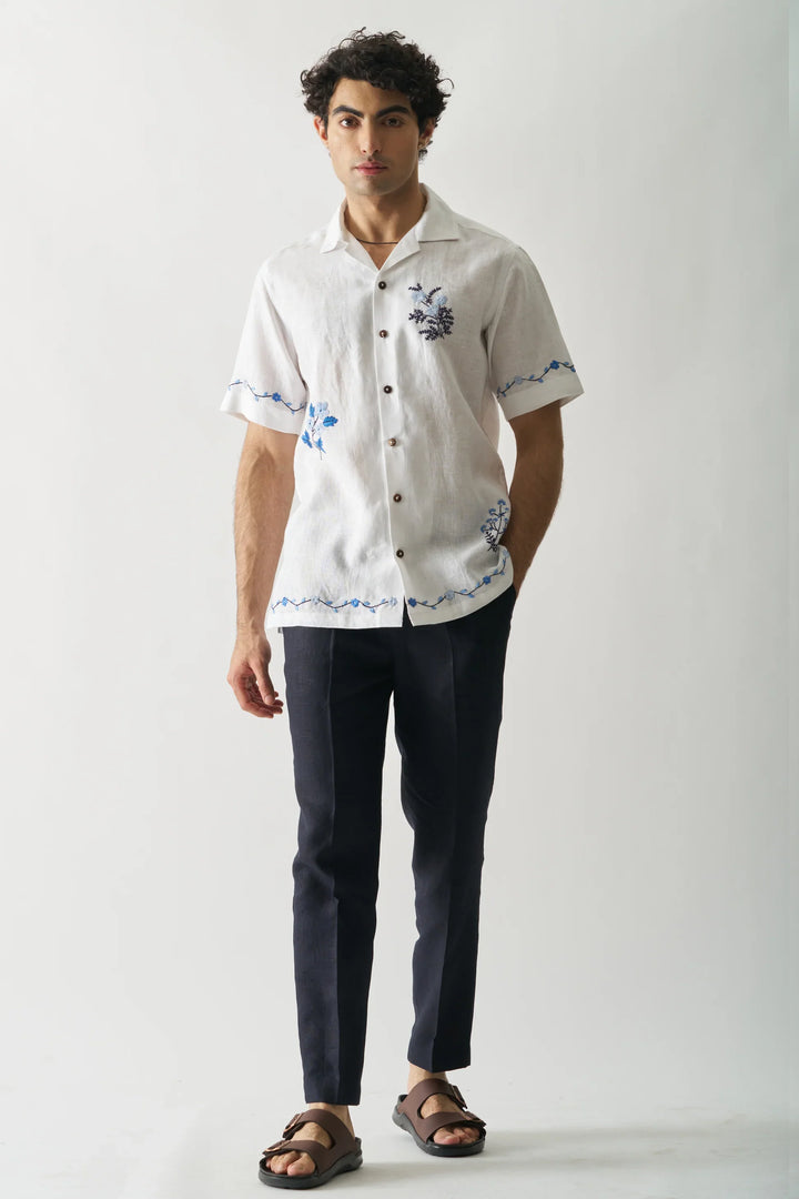 Blossom Cascade - Pure Linen Hand Embroidery Shirt for Men