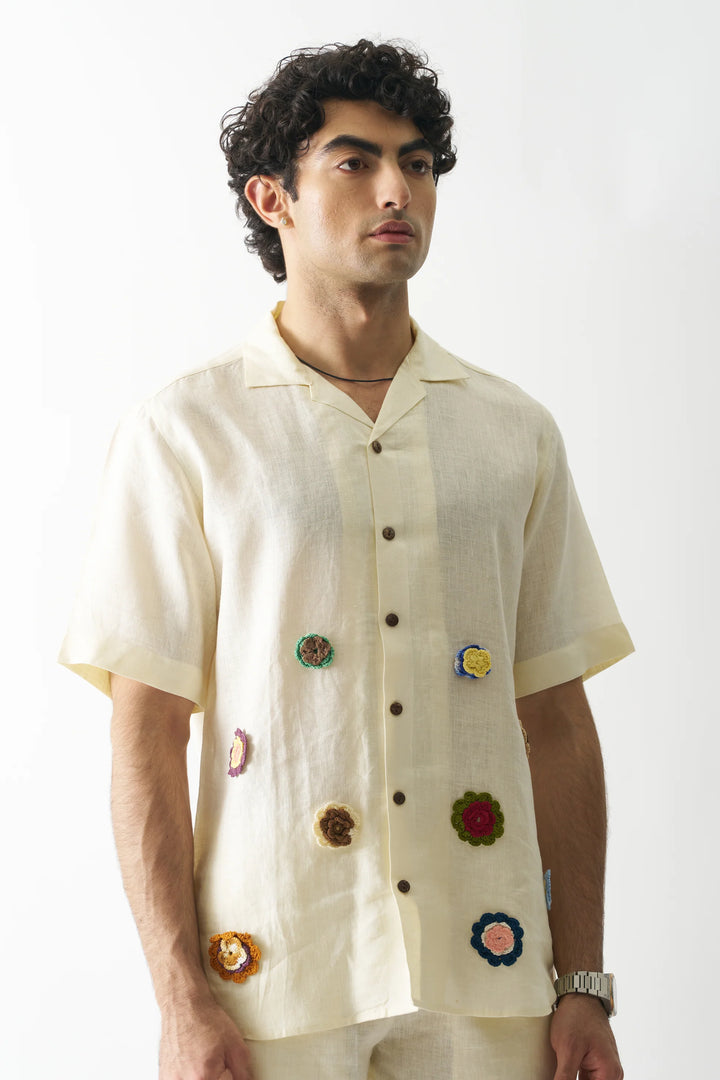 Off-white Petals - Hand Embroidered Unisex Pure Linen Shirt
