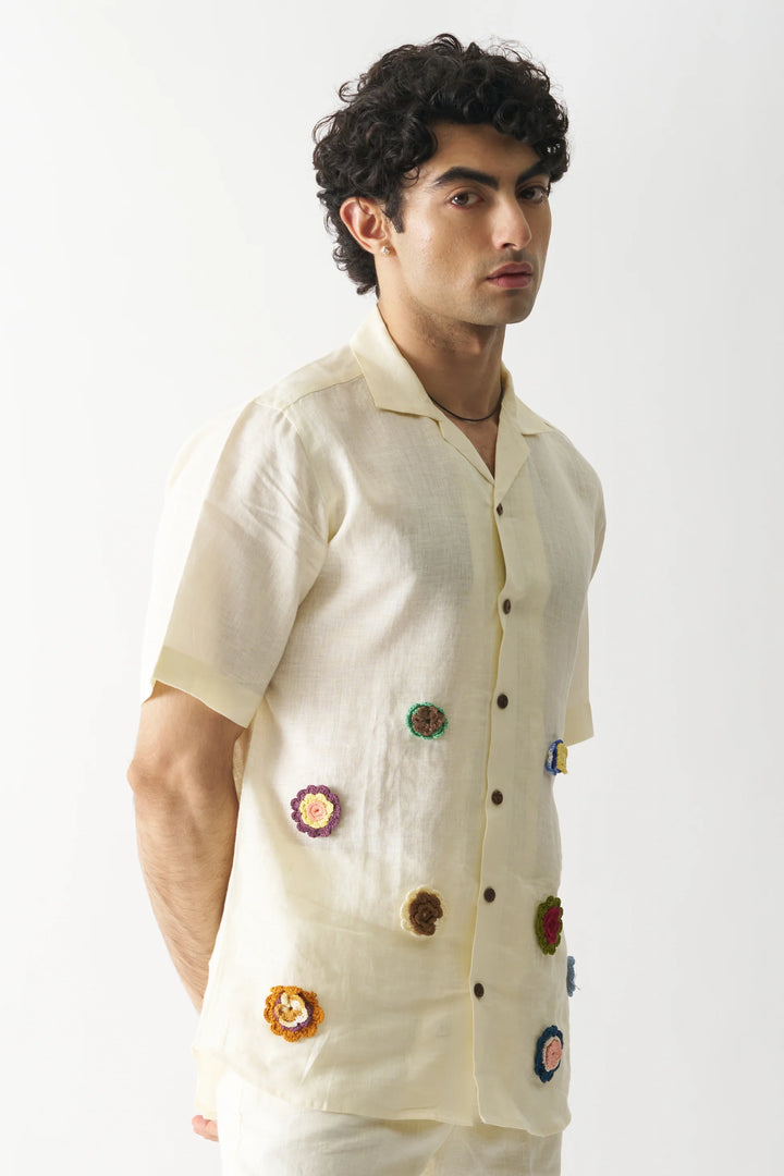 Off-white Petals - Hand Embroidered Unisex Pure Linen Shirt
