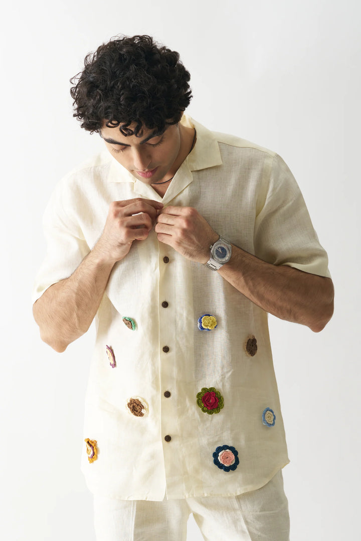 Off-white Petals - Hand Embroidered Unisex Pure Linen Shirt