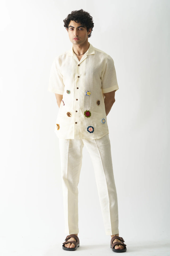 Off-white Petals - Hand Embroidered Unisex Pure Linen Shirt