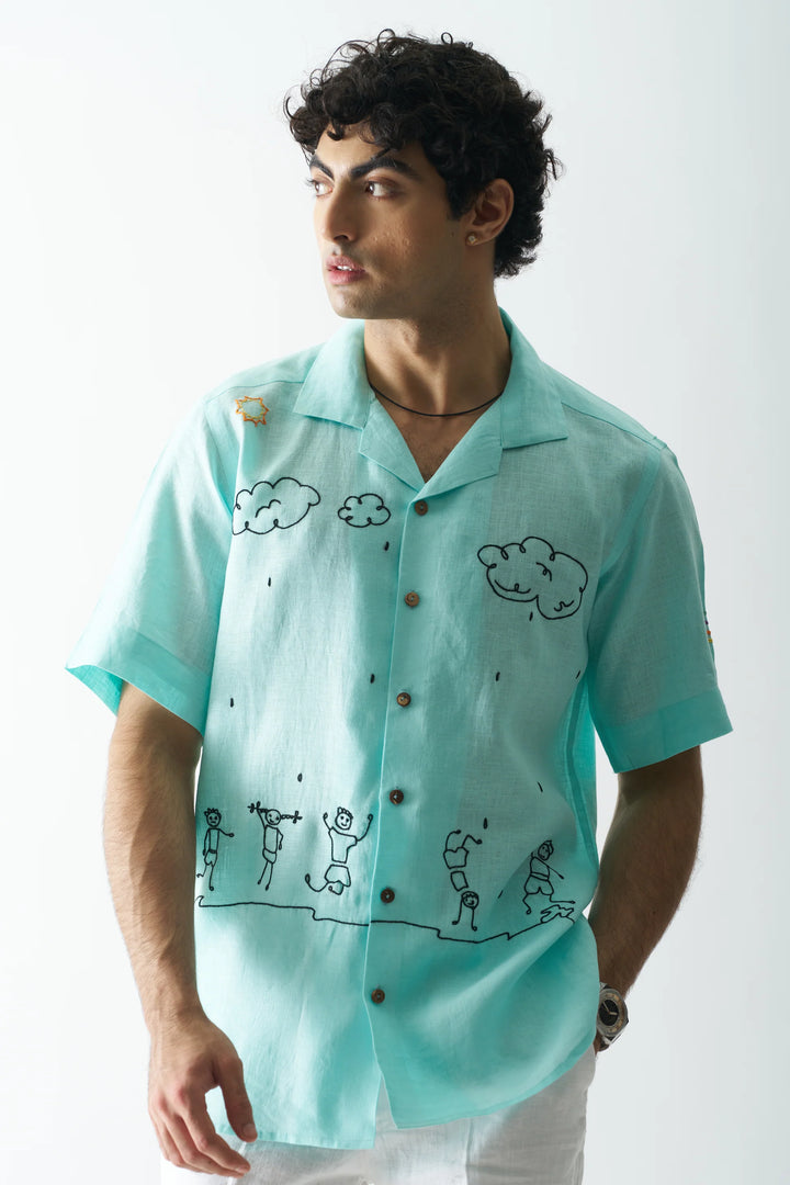 Rain Rain Go Away - Hand Embroidered Unisex Pure Linen Shirt