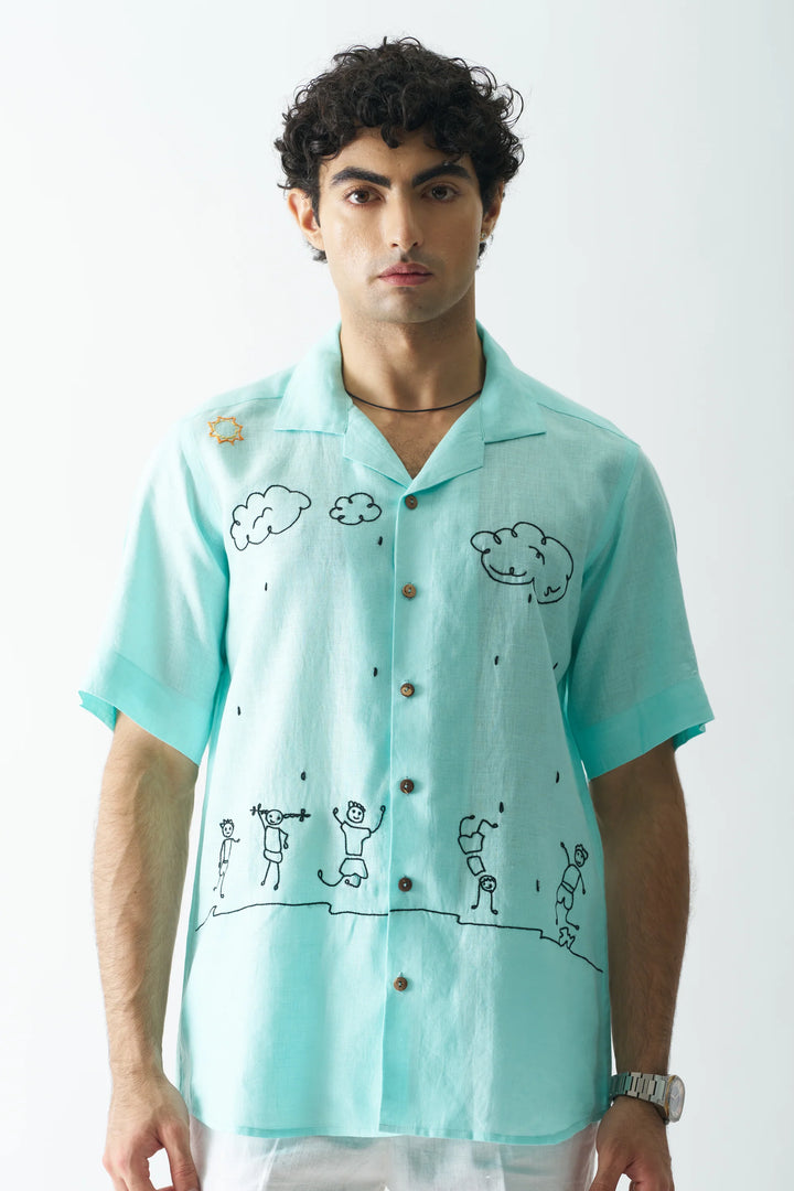 Rain Rain Go Away - Hand Embroidered Unisex Pure Linen Shirt