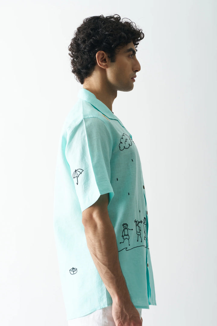 Rain Rain Go Away - Hand Embroidered Unisex Pure Linen Shirt