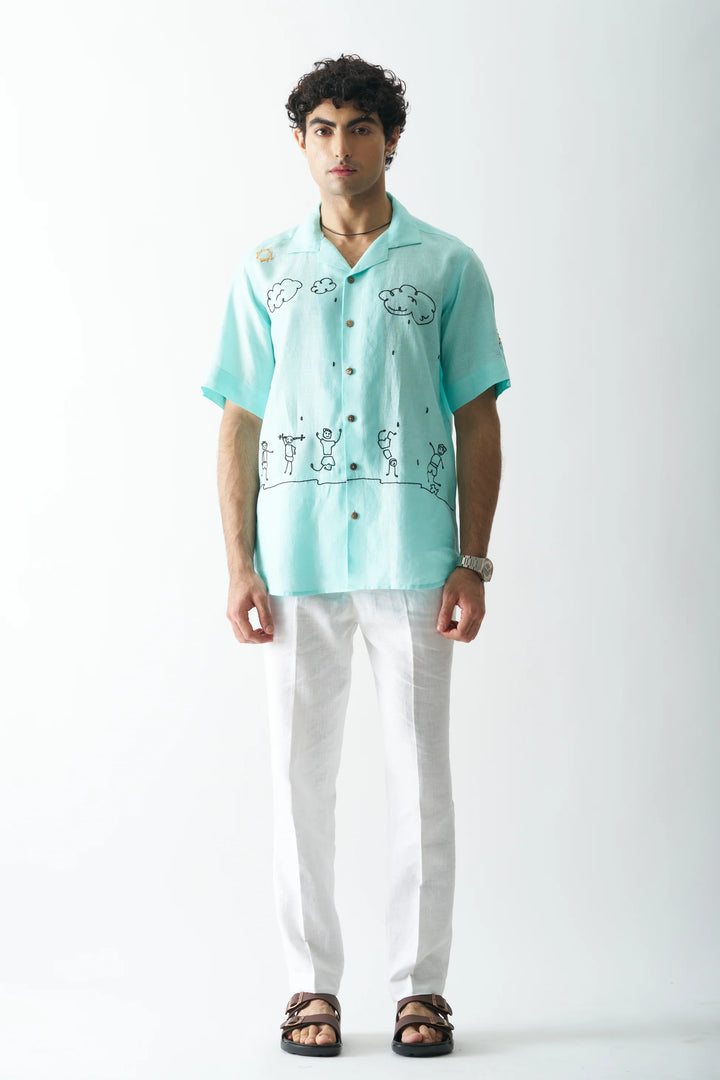 Rain Rain Go Away - Hand Embroidered Unisex Pure Linen Shirt