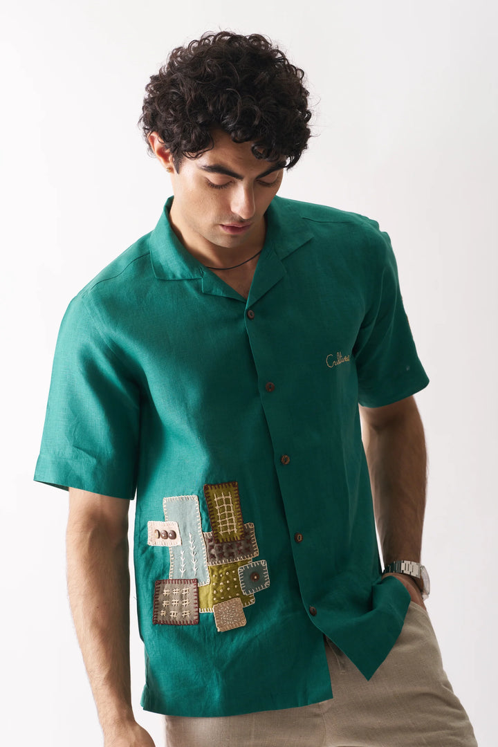 That Green Applique Shirt - Hand Embroidered Unisex Pure Linen Shirt