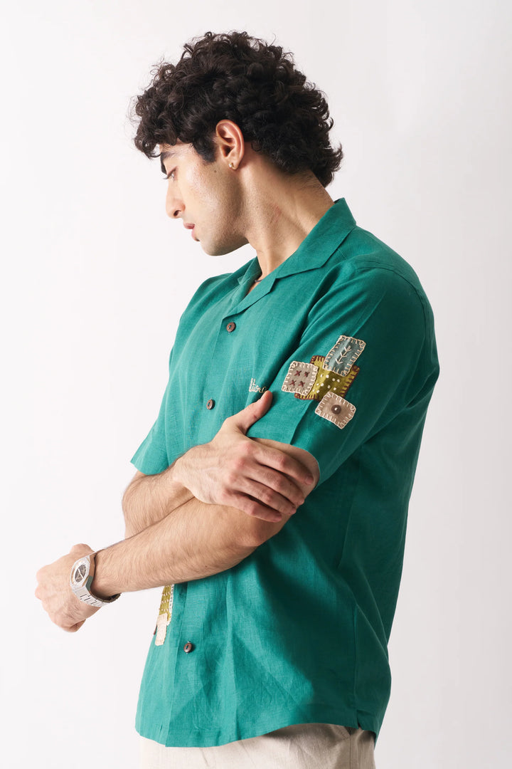That Green Applique Shirt - Hand Embroidered Unisex Pure Linen Shirt