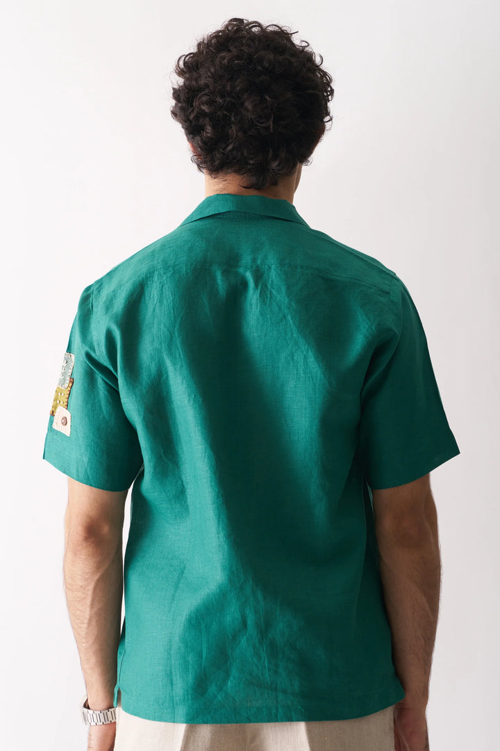 That Green Applique Shirt - Hand Embroidered Unisex Pure Linen Shirt