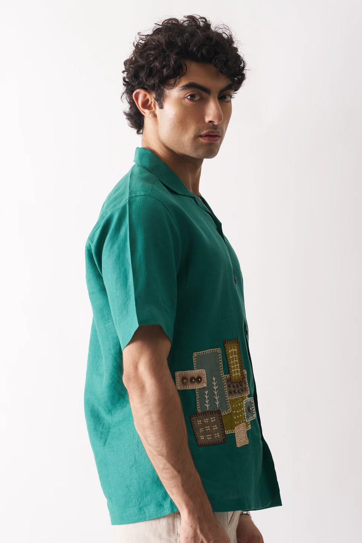 That Green Applique Shirt - Hand Embroidered Unisex Pure Linen Shirt