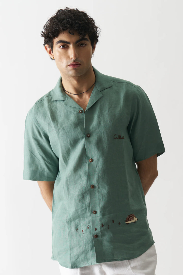 Green Oasis - Hand Embroidered Unisex Pure Linen Shirt