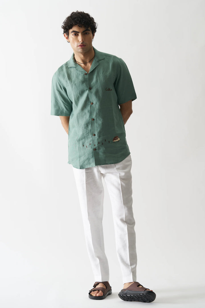 Green Oasis - Hand Embroidered Unisex Pure Linen Shirt