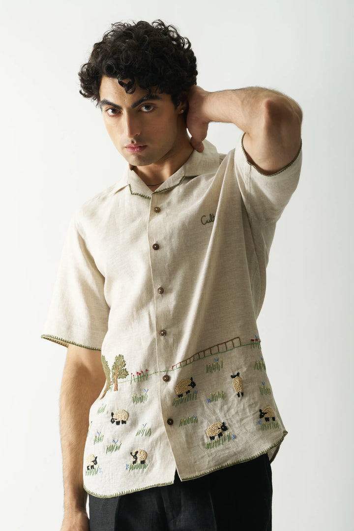 Lazy Sheep - Hand Embroidered Unisex Pure Linen Shirt