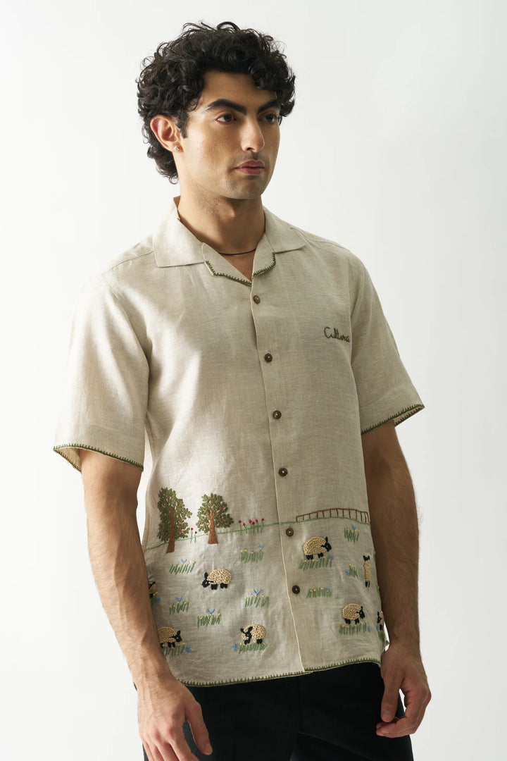 Lazy Sheep - Hand Embroidered Unisex Pure Linen Shirt