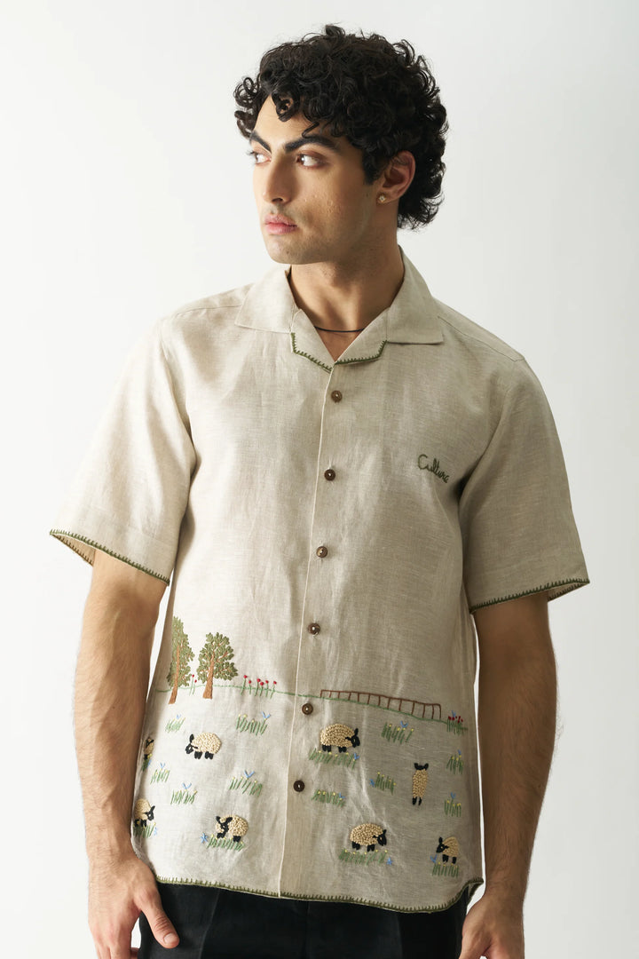 Lazy Sheep - Hand Embroidered Unisex Pure Linen Shirt