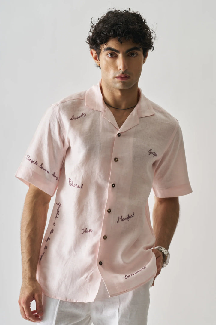 11:11 Soft Pink Pure Linen Shirt with Inspirational Stitching – Unique Artistic Fashion