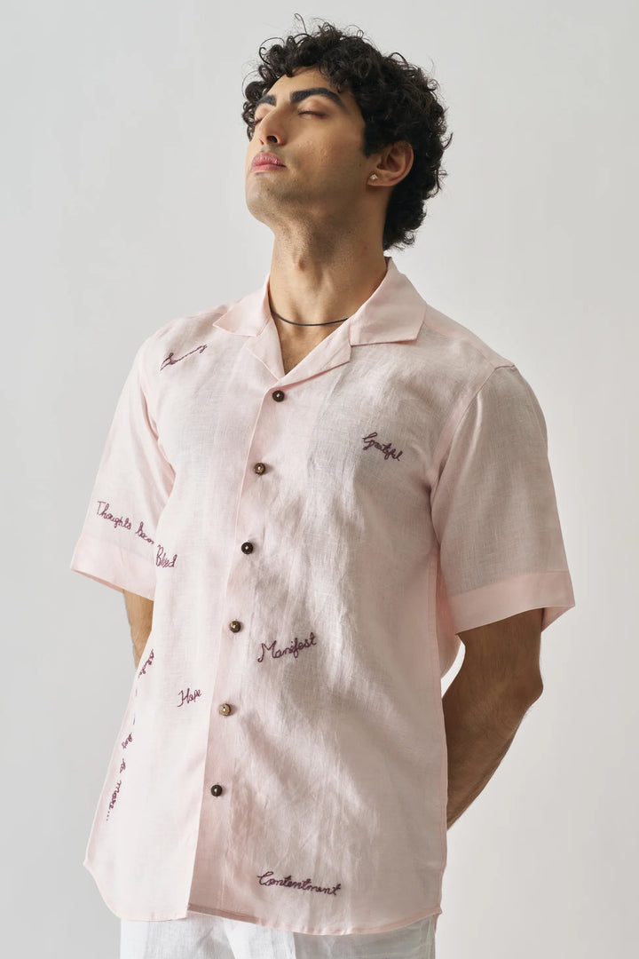 11:11 Soft Pink Pure Linen Shirt with Inspirational Stitching – Unique Artistic Fashion