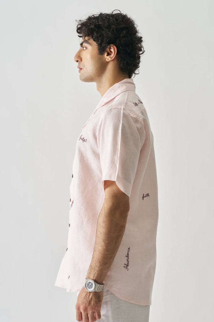 11:11 Soft Pink Pure Linen Shirt with Inspirational Stitching – Unique Artistic Fashion