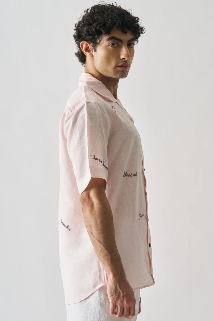 11:11 Soft Pink Pure Linen Shirt with Inspirational Stitching – Unique Artistic Fashion