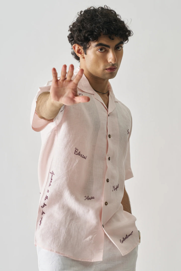 11:11 Soft Pink Pure Linen Shirt with Inspirational Stitching – Unique Artistic Fashion