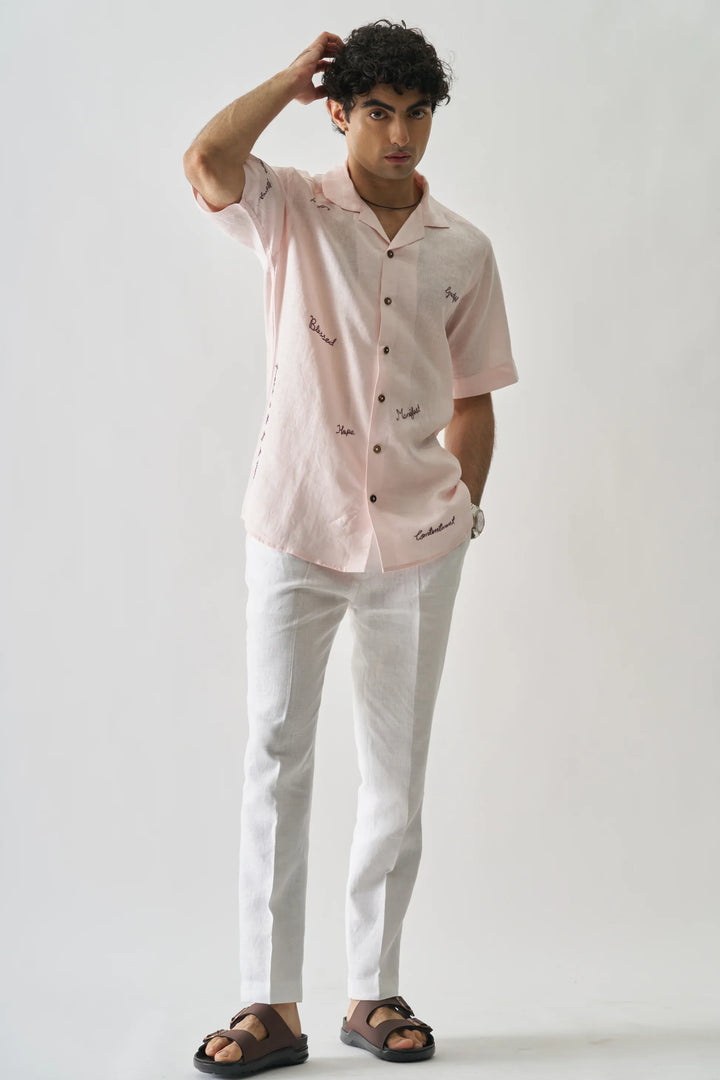 11:11 Soft Pink Pure Linen Shirt with Inspirational Stitching – Unique Artistic Fashion