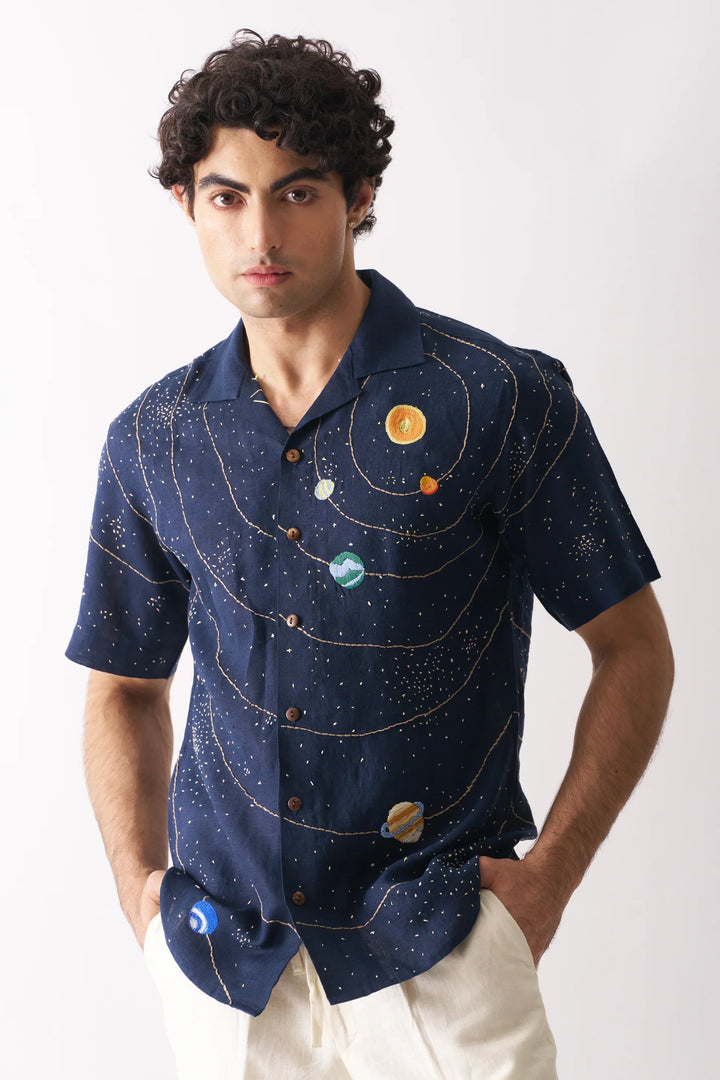 earCelestial Panorama Universe-Inspired Embroidery Linen Shirt