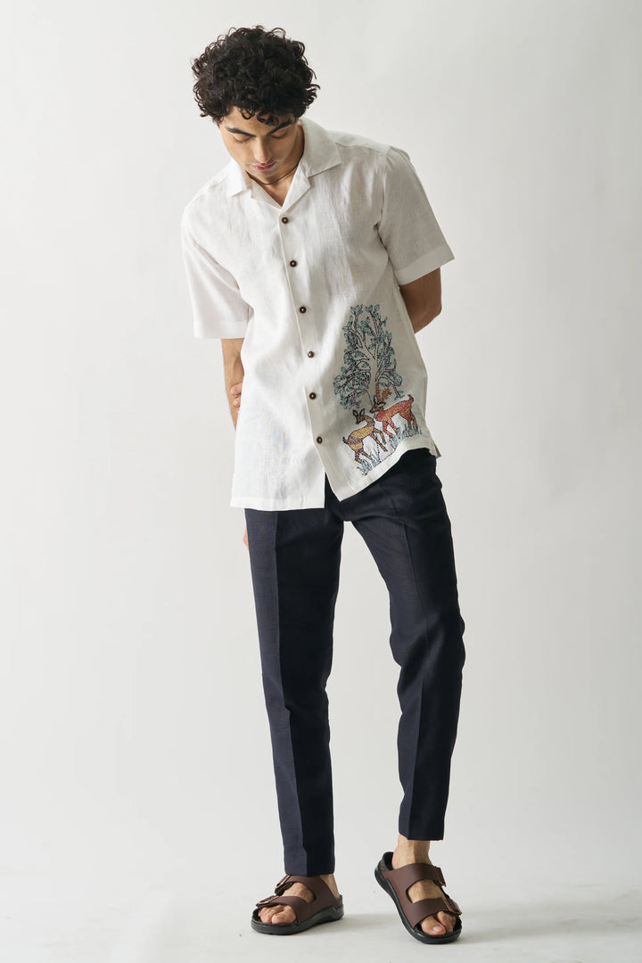 Deer Under Giant Oak - Hand Embroidered Unisex Pure Linen Shirt