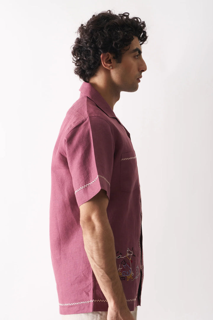 Cowboy’s Courtyard Pure Linen Shirt – Rustic Handcrafted Embroidery