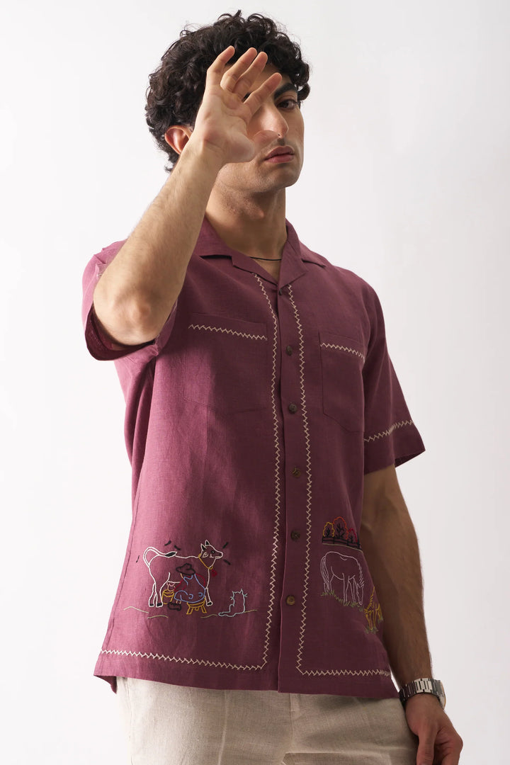 Cowboy’s Courtyard Pure Linen Shirt – Rustic Handcrafted Embroidery