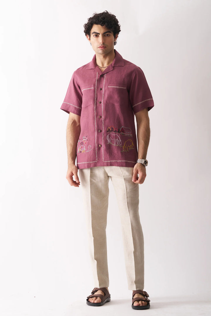 Cowboy’s Courtyard Pure Linen Shirt – Rustic Handcrafted Embroidery