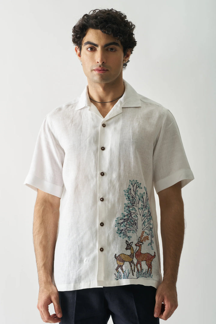 Deer Under Giant Oak - Hand Embroidered Unisex Pure Linen Shirt