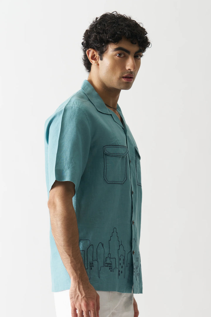 Downtown Dreams - Hand Embroidered Unisex Pure Linen Shirt