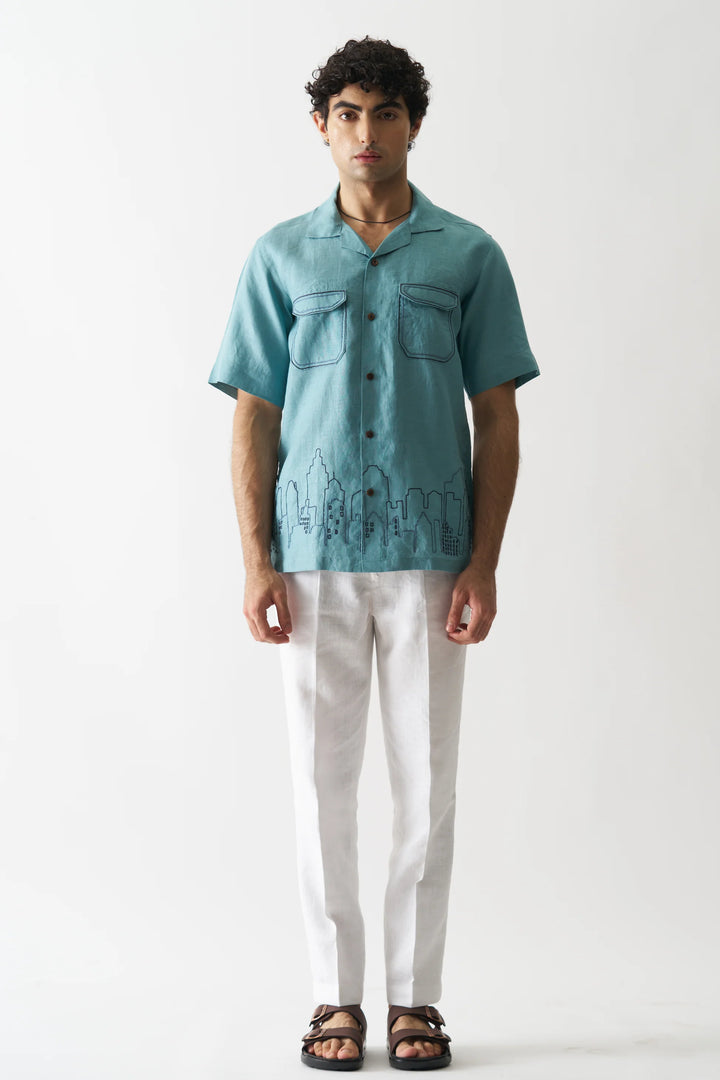 Downtown Dreams - Hand Embroidered Unisex Pure Linen Shirt