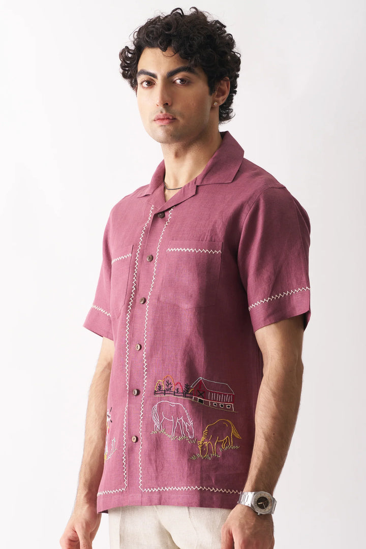 Cowboy’s Courtyard Pure Linen Shirt – Rustic Handcrafted Embroidery